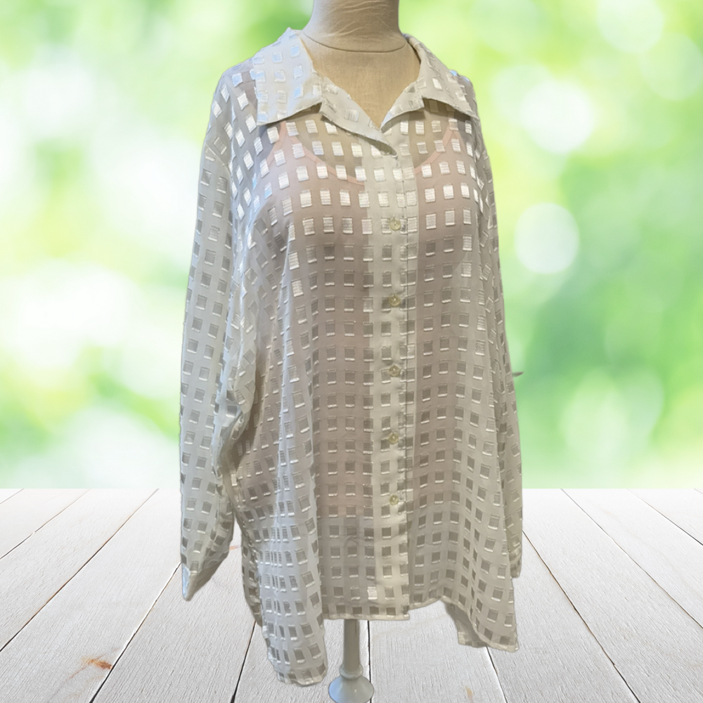 Vintage NOTATIONS Ribbon Weave Blouse Sheer Chiffon White Gold Upscale Plus 2X